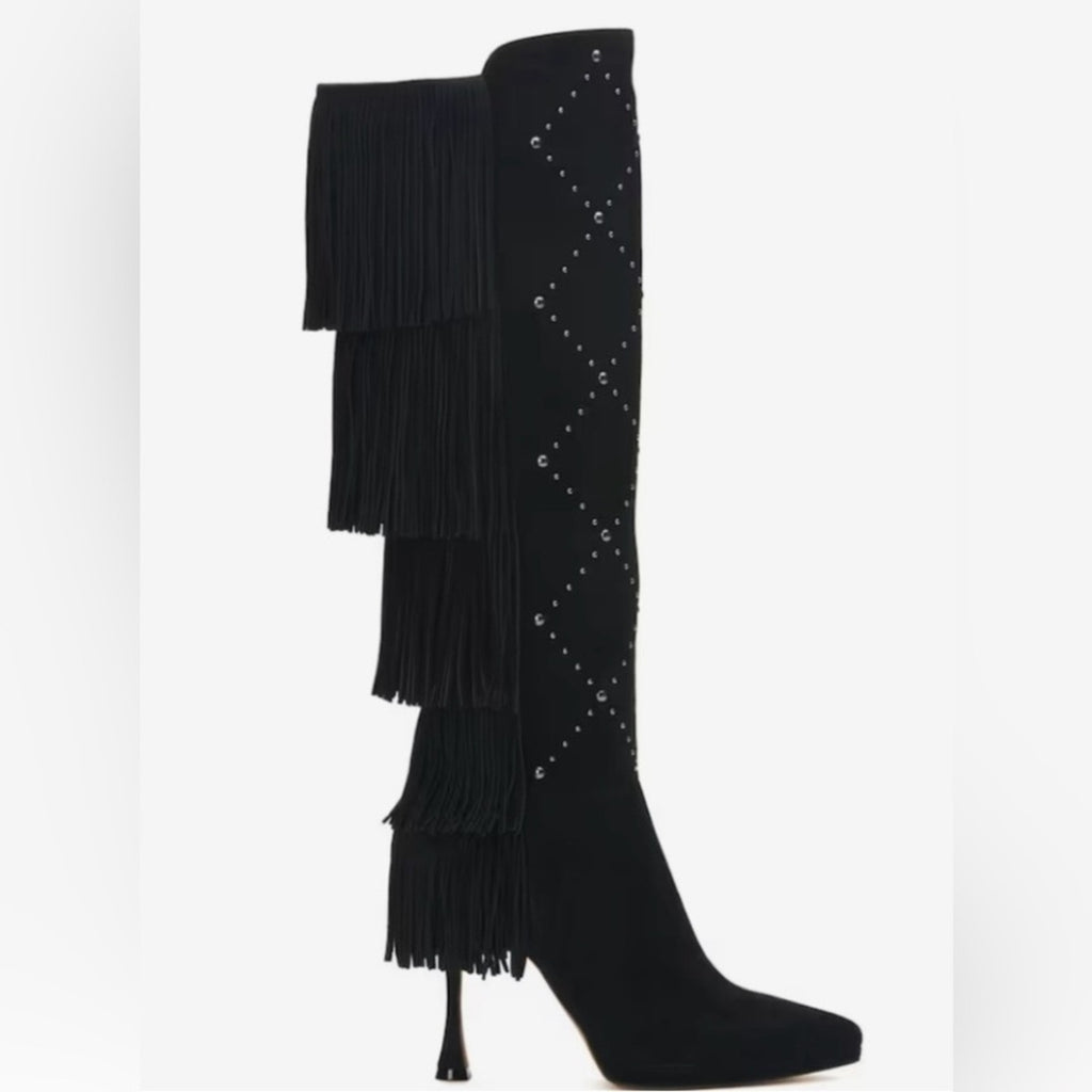 Vince Camuto Panaryaz  Black Suede Knee-High Boots with Fringe New 8.5 $285 MSRP