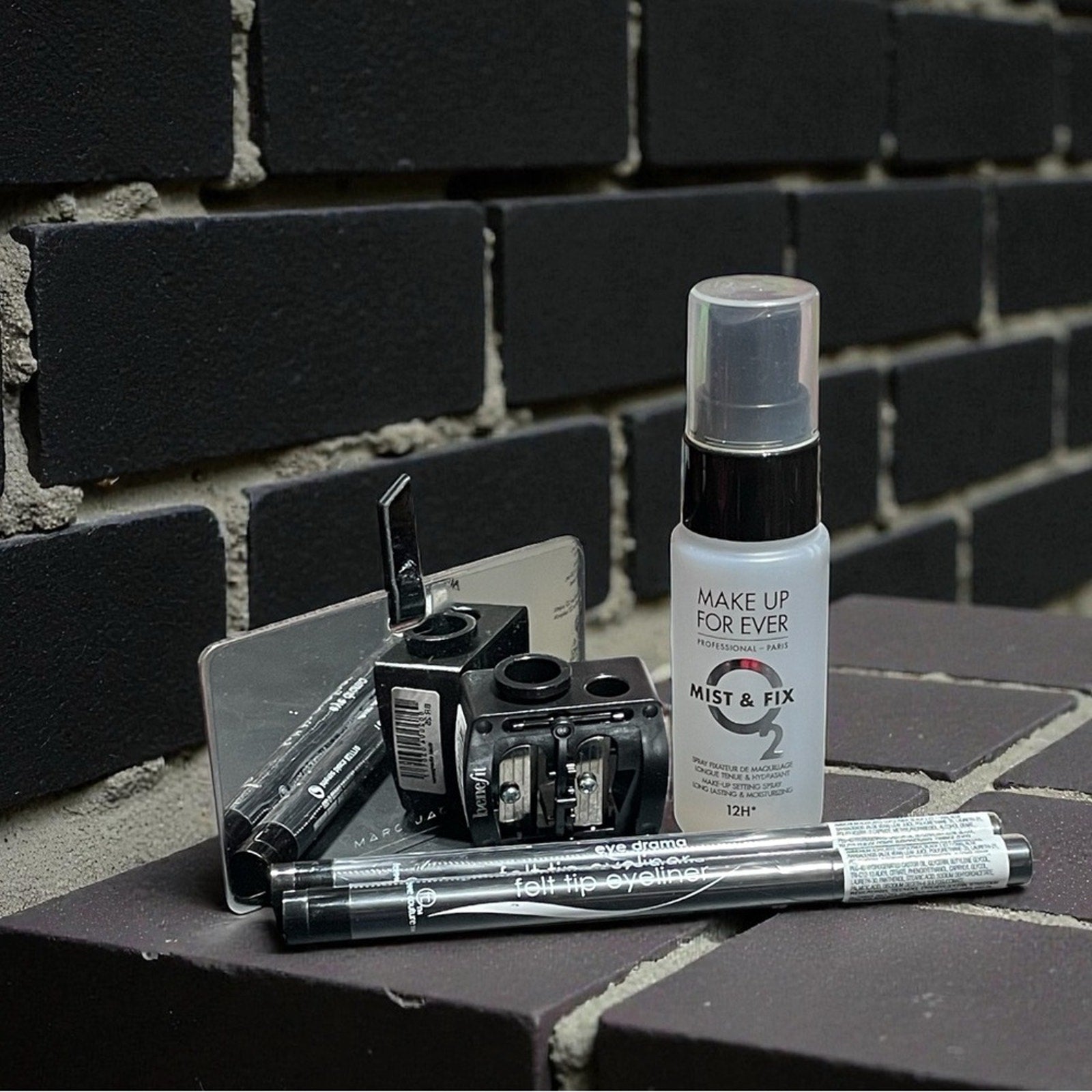 Makeup Forever Setting Spray, Benefit Sharpener, Marc Jacob’s Mirror, Eyeliner