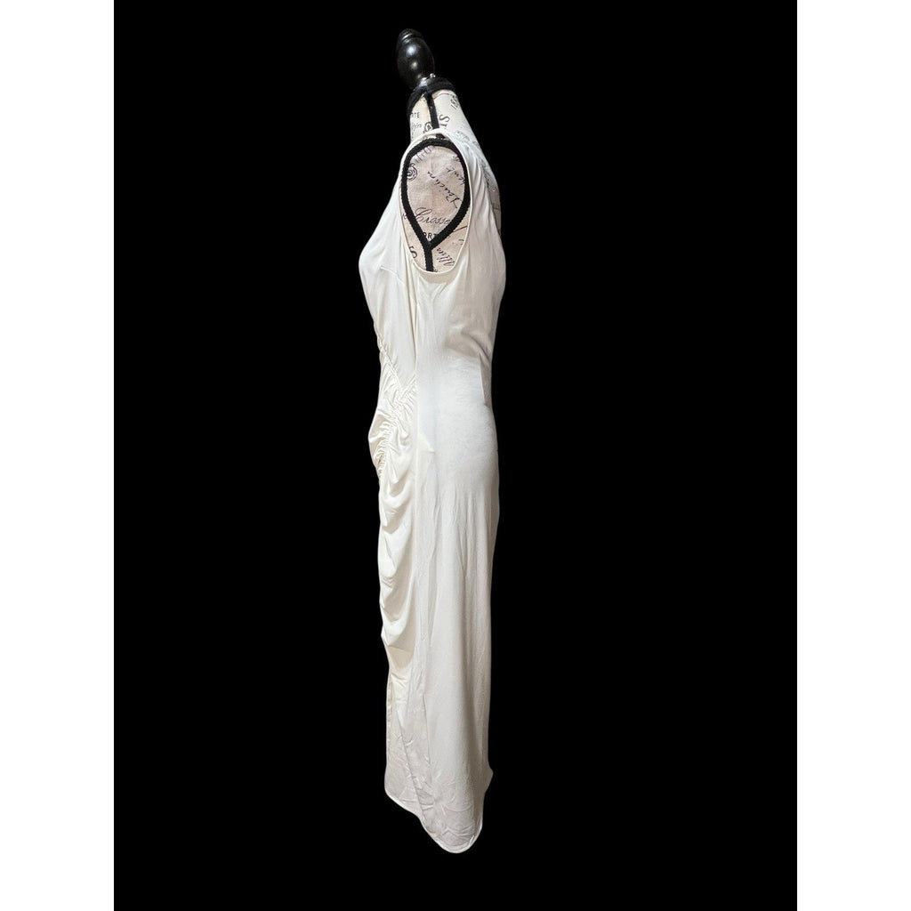 Self Portrait Asymmetrical Ivory Ruched Midi Dress Size 8 NWT MSRP $499