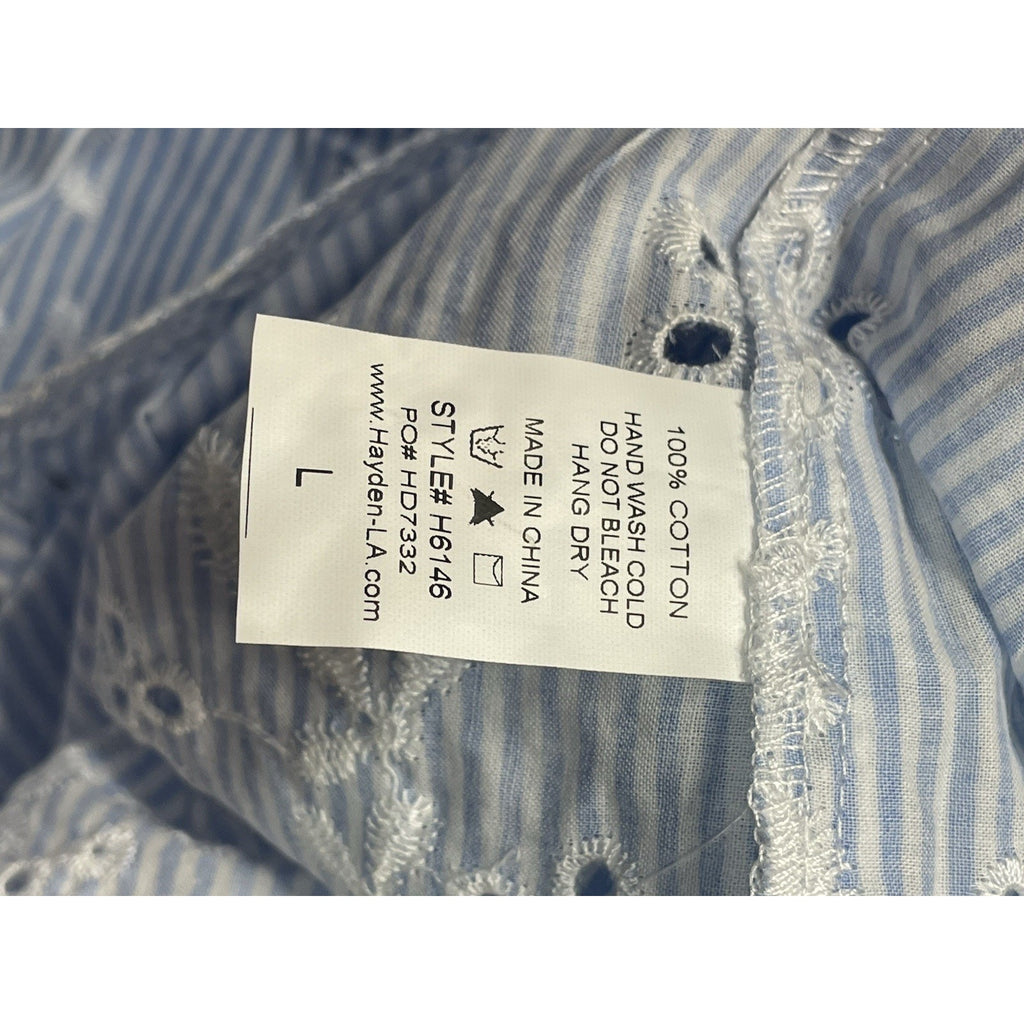 Hayden Los Angeles Size Large Cotton Blue & White Striped Floral Embroidery Top