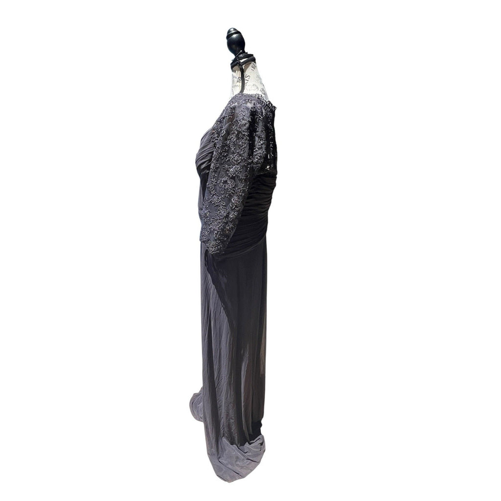 La Femme Jersey Gown with Knot Detail and Lace Sleeves New Size 12 $515 MSRP