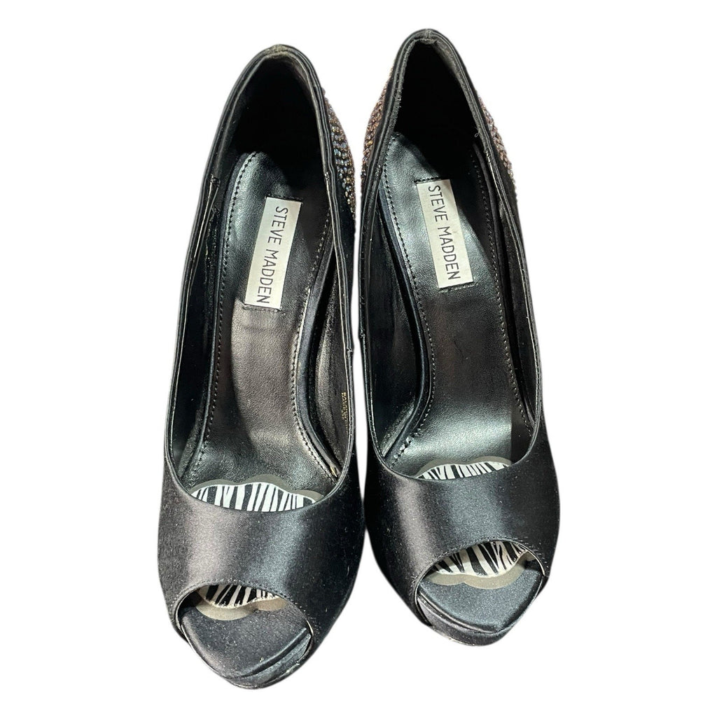 Steve Madden Playy-R Black Satin Rhinestone Heels Size 8