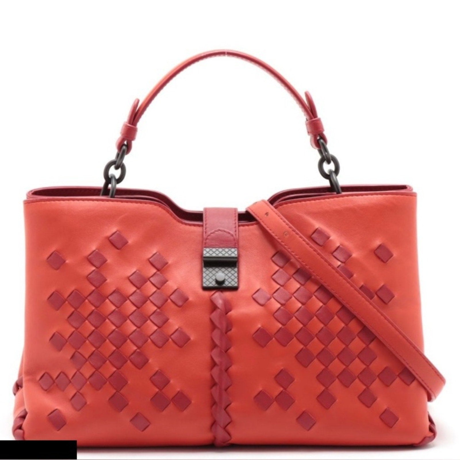 Bottega Veneta Orange and Maroon Woven Leather crossbody Bag Pre Owned