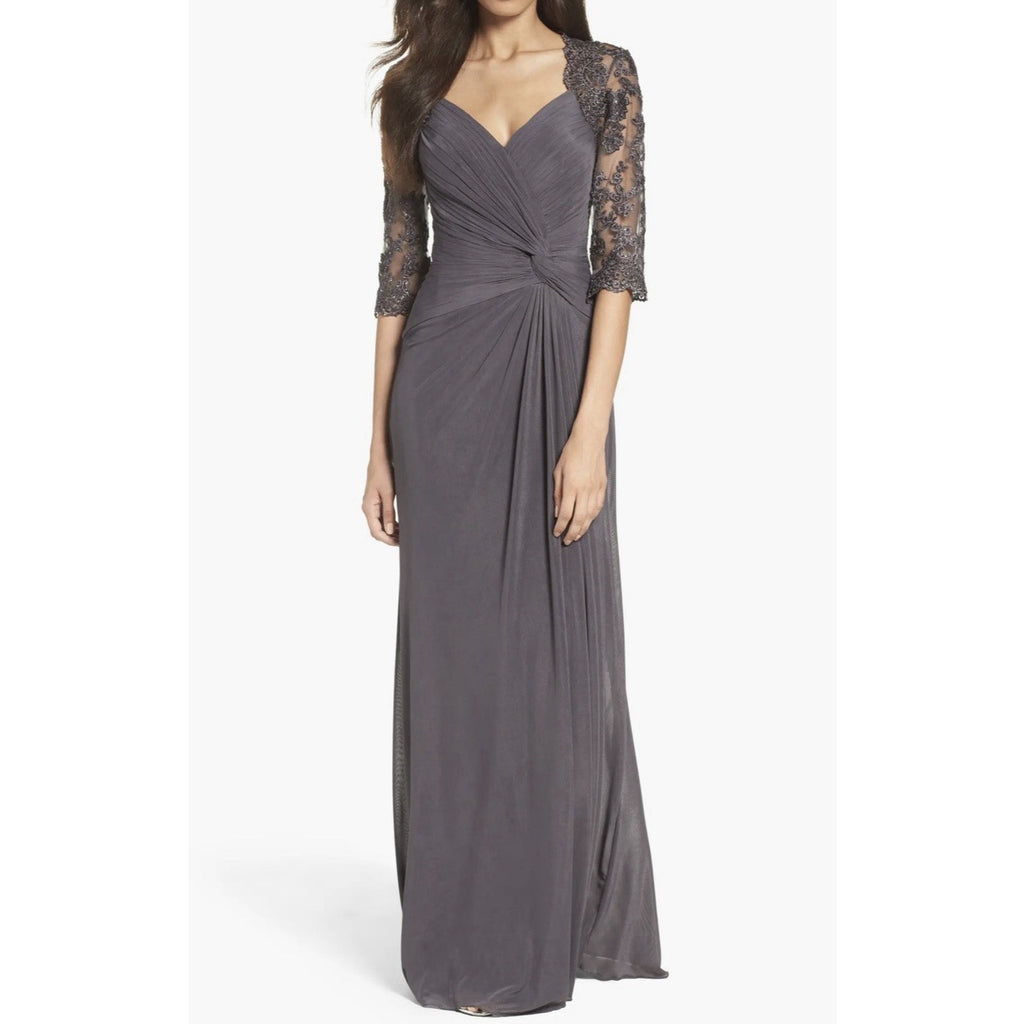 La Femme Jersey Gown with Knot Detail and Lace Sleeves New Size 12 $515 MSRP