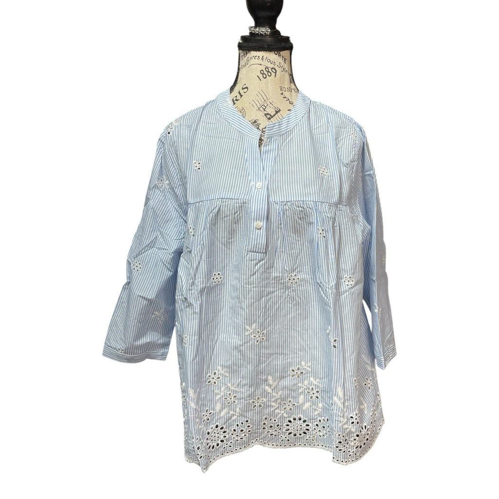 Hayden Los Angeles Size Large Cotton Blue & White Striped Floral Embroidery Top