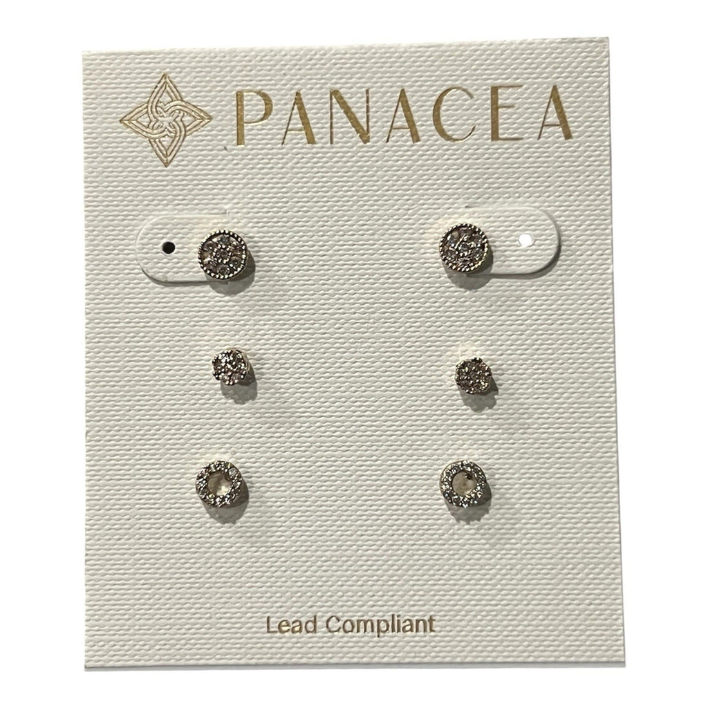 This Panacea goldtone 3-pair earring set features pave crystal stud designs