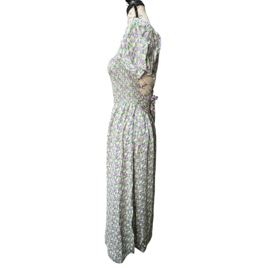 Lush floral print puff sleeve smocked square neck midi dress Size M