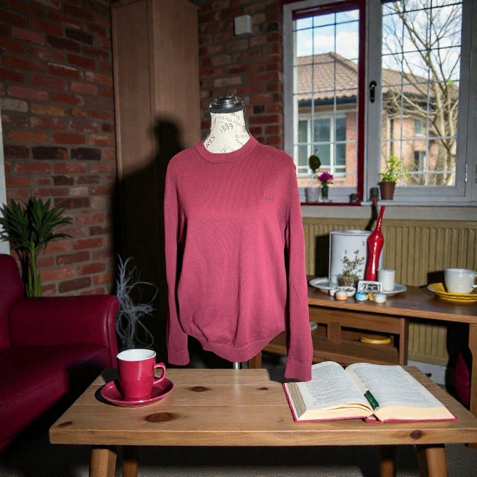 Hugo Boss 100% Baum Wolle Maroon Knit Sweater size XL