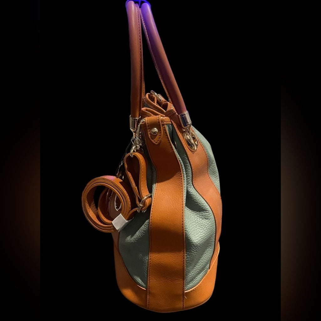 Valentina Minty Olive Green and Tan Leather Bucket Bag with Strap NWT