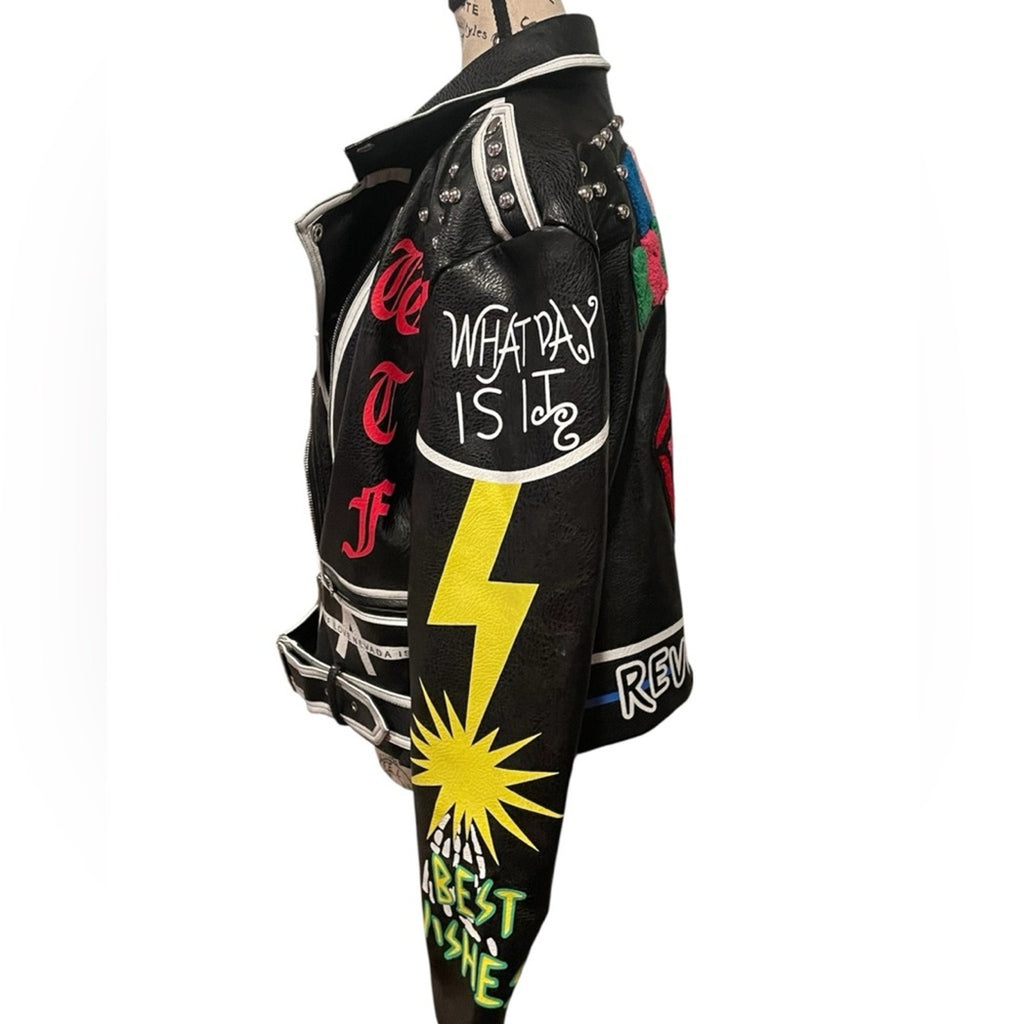 Azalea Wang Black Studded Graphic Moto Jacket