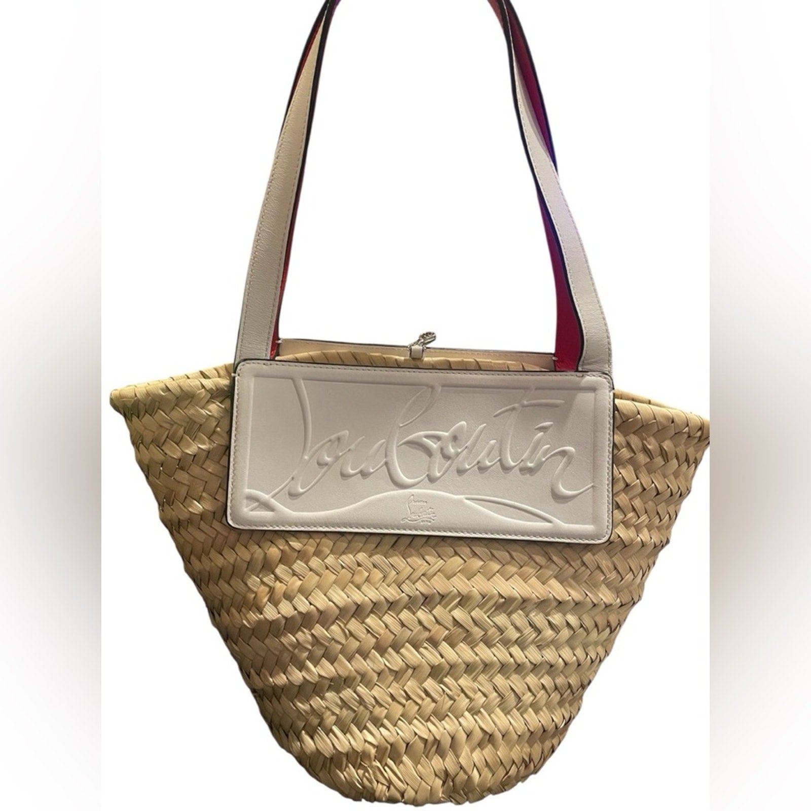 Christian Louboutin Tan and White Straw Tote Hand Bag