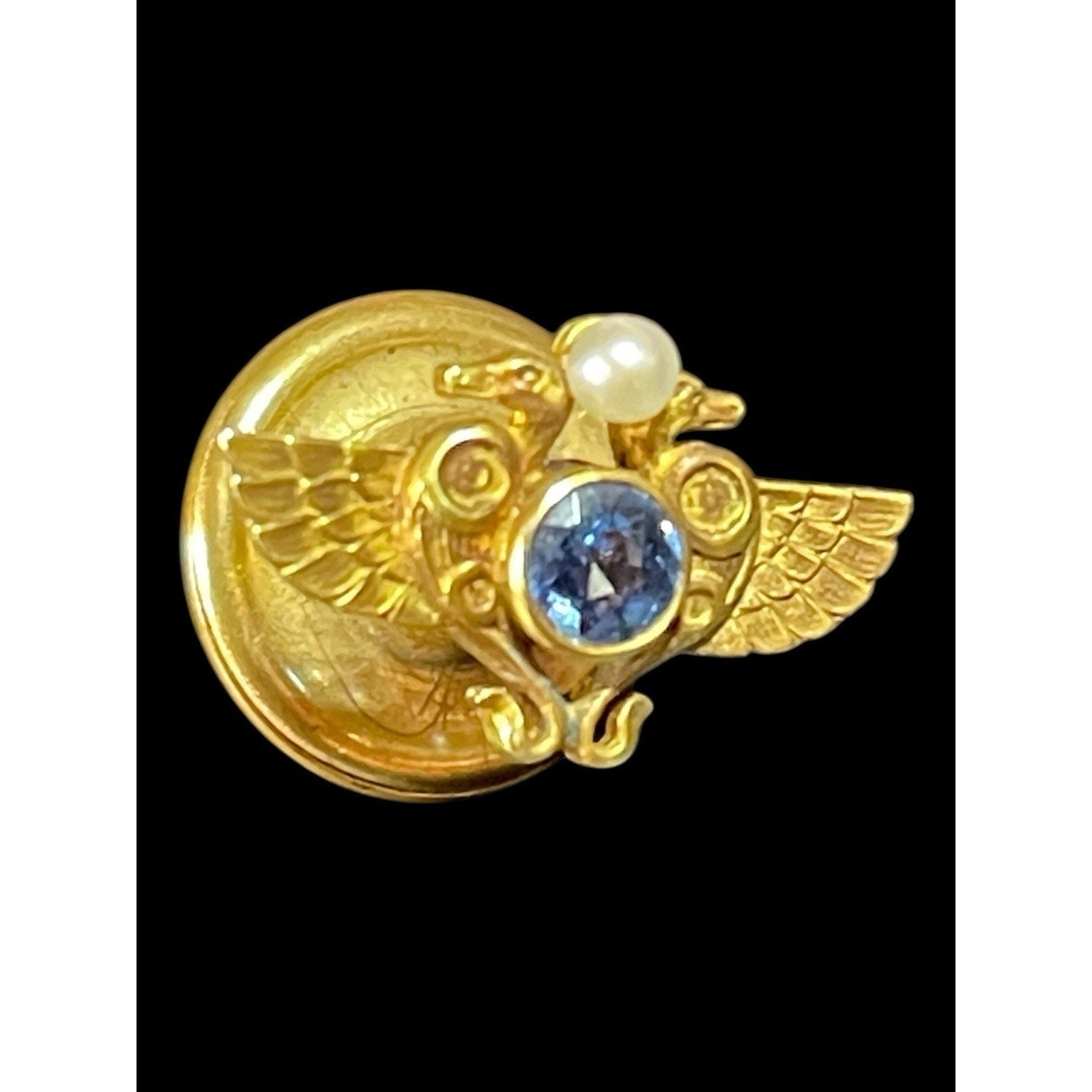 Antique 14k Yellow Gold Double Swan Lapel Tack with Blue Topaz and Pearl”