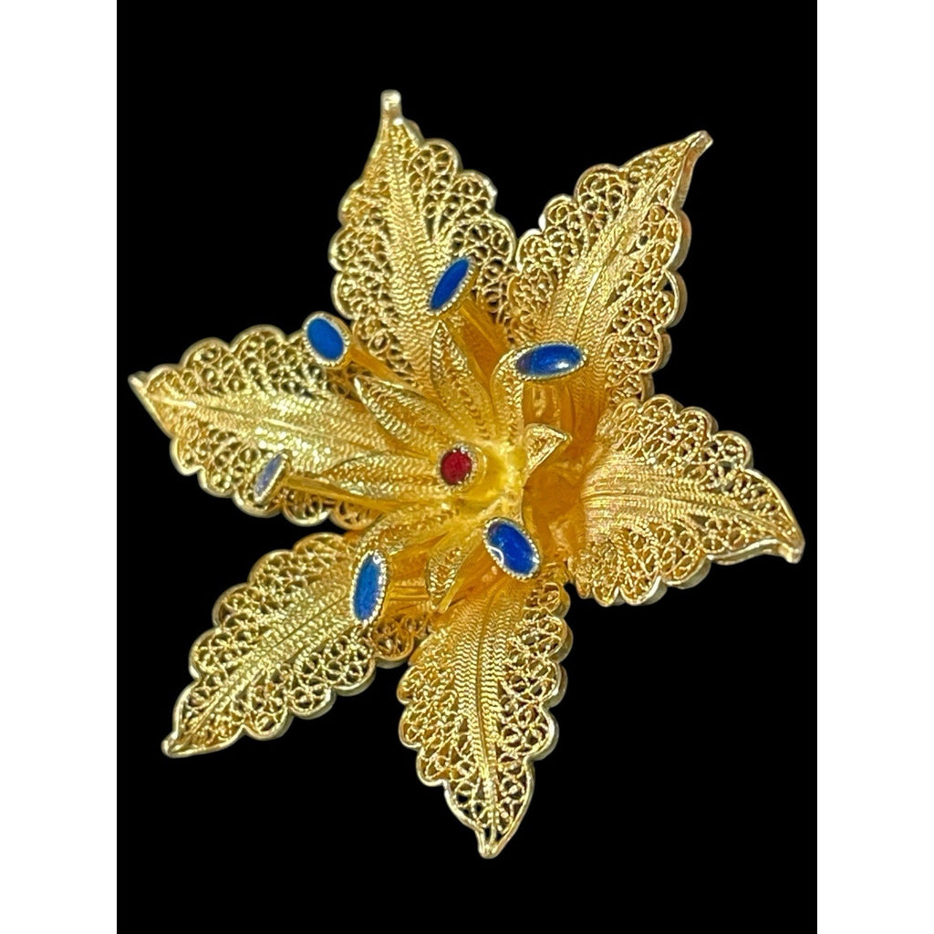 Vintage Portuguese 19.2k Gold Filigree Flower Brooch with Blue Enamel Accents