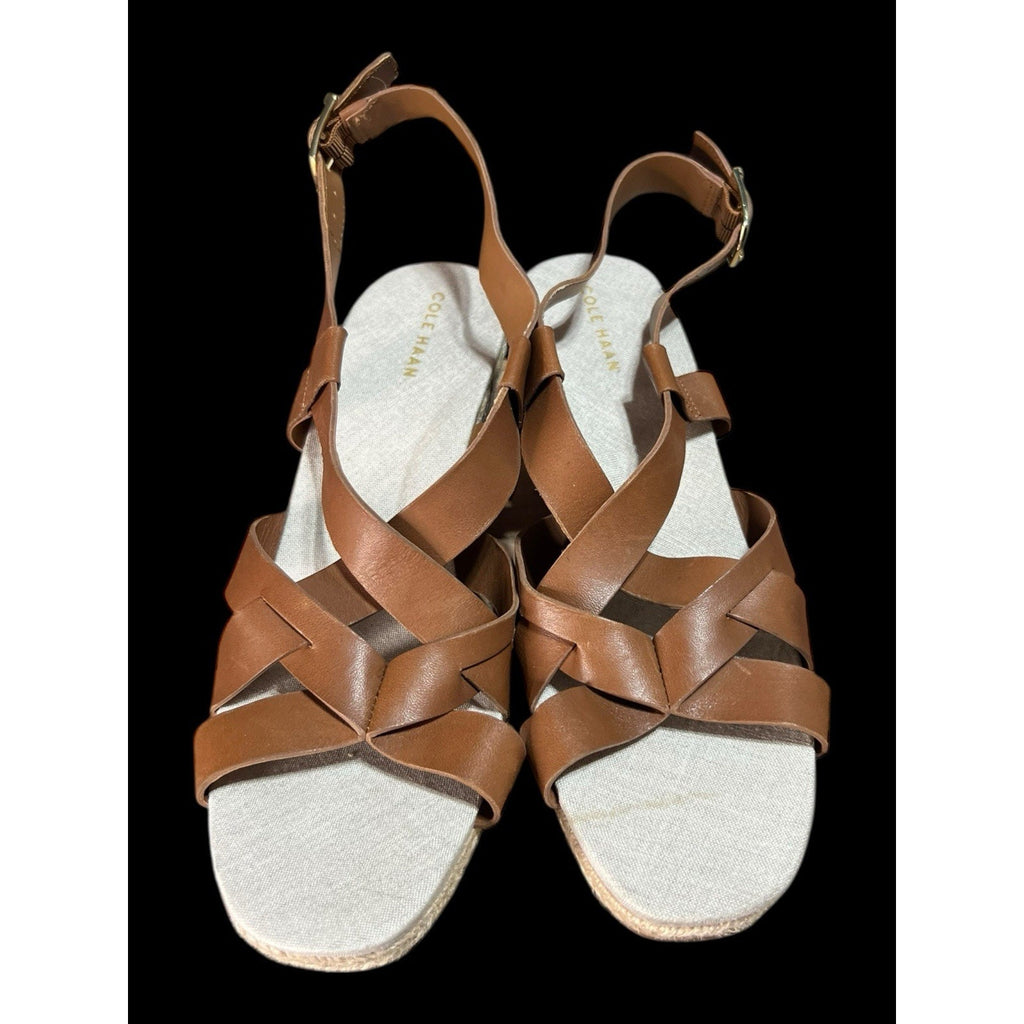 Cole Haan Women's Crystal Espadrille Wedge Sandal Tan Leather Size 8.5 B