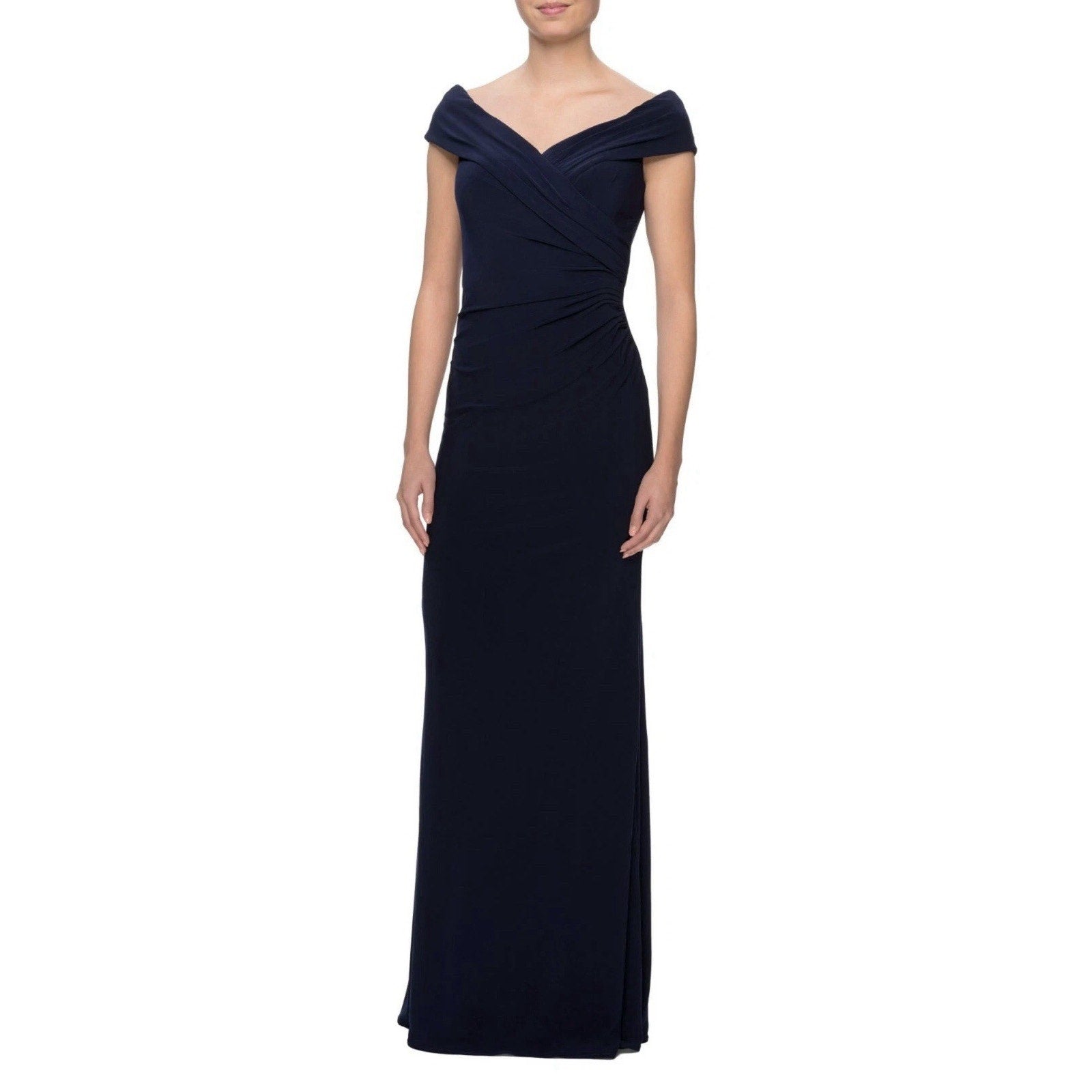 La Femme ruched off-the-shoulder formal gown Navy Blue New Size 10