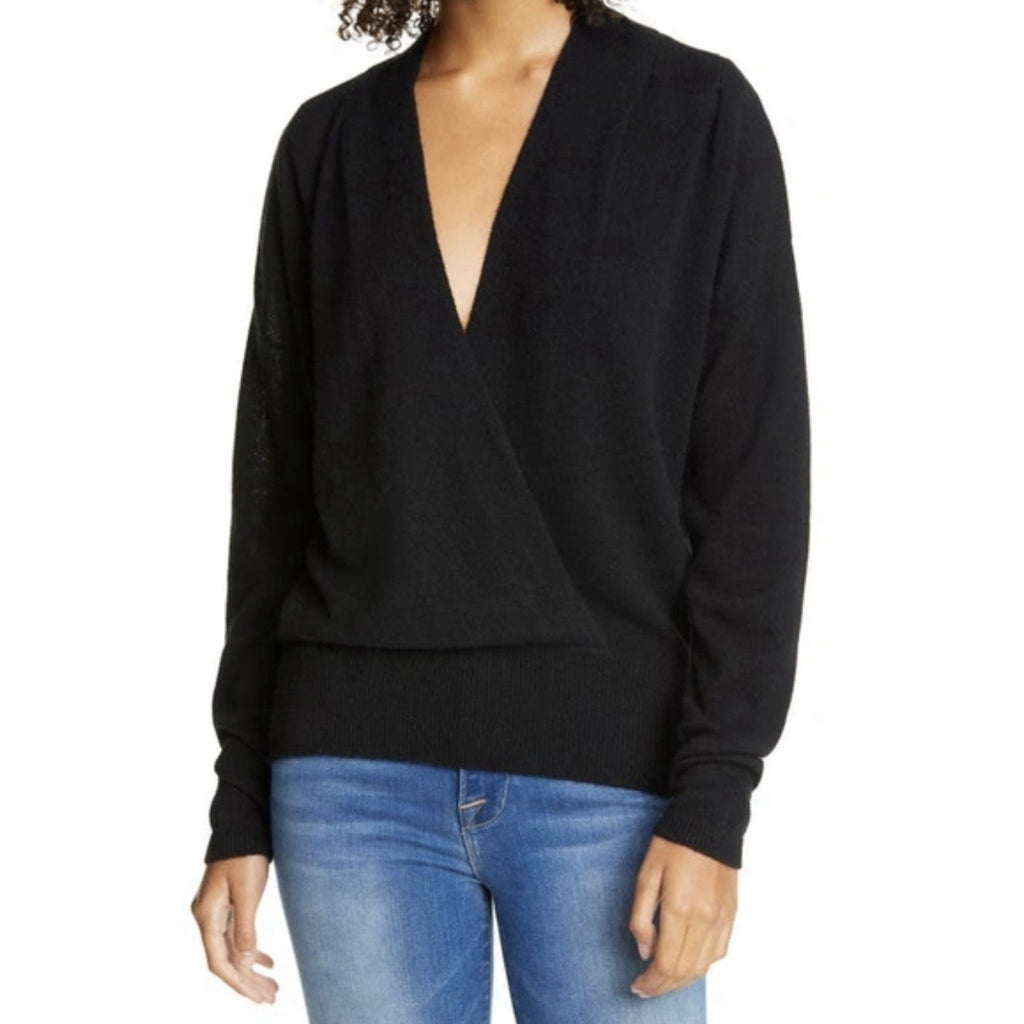 Frame Wool Cashmere Faux Wrap Around Black Lightweight Sweater L NWOT MSRP $395
