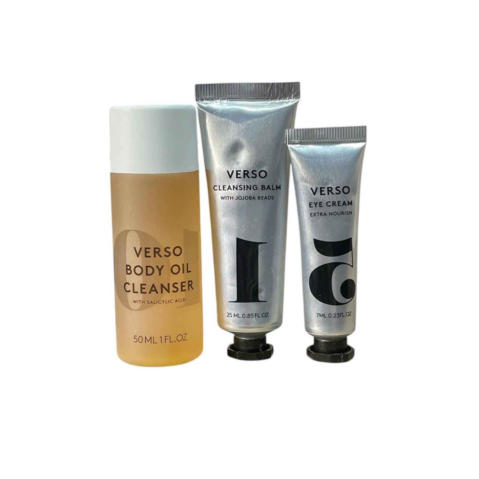 Verso Skincare Travel Trio—Body Oil, Cleanser, Balm, Eye Cream