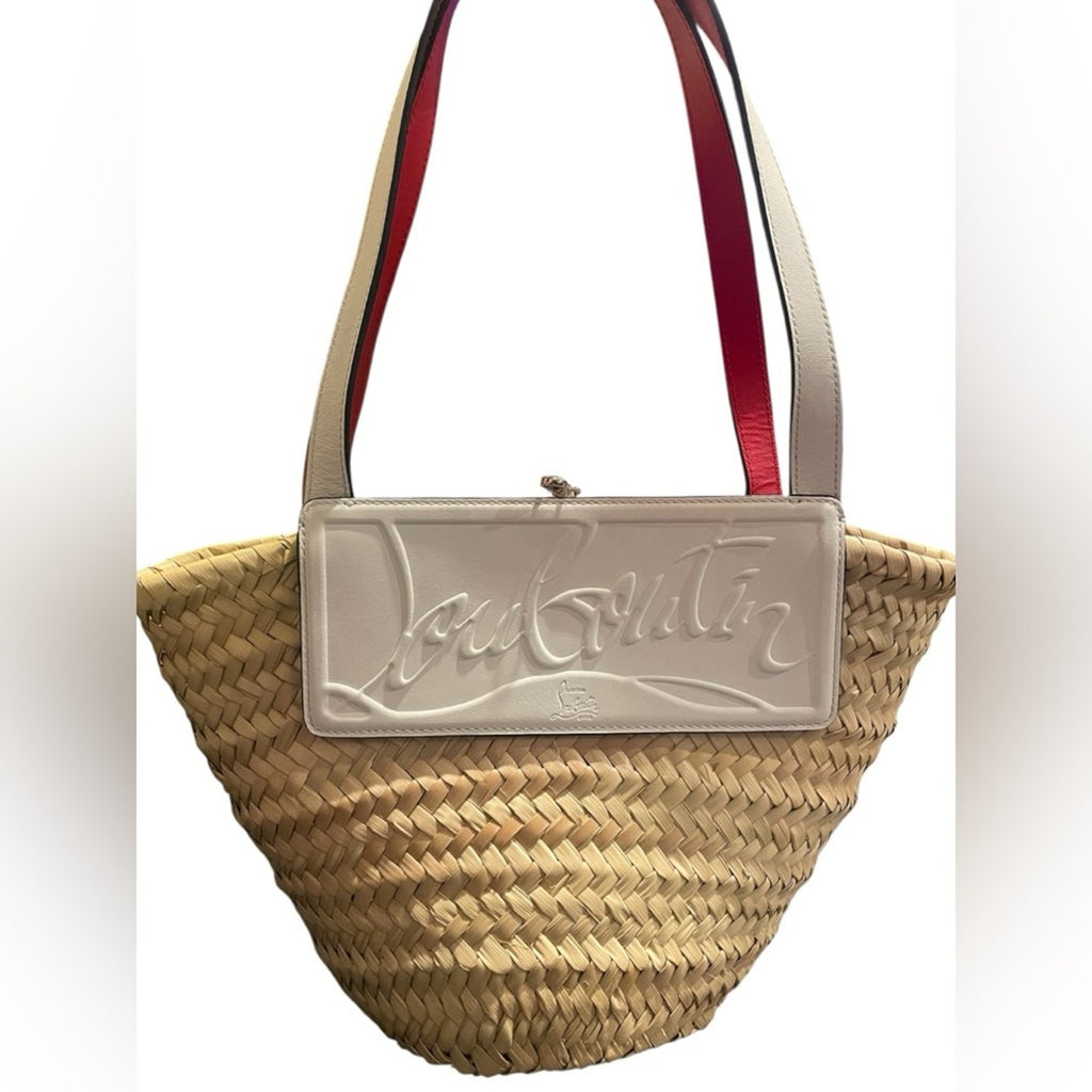 Christian Louboutin Tan and White Straw Tote Hand Bag