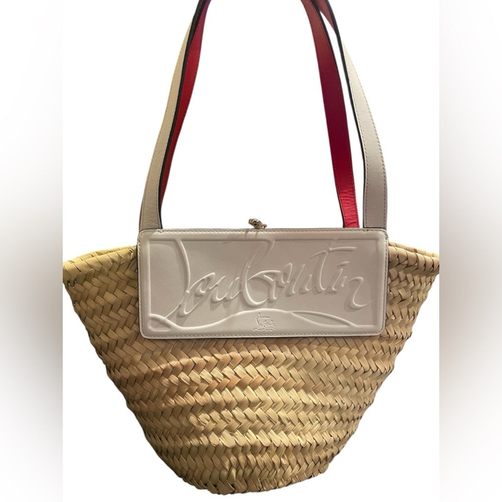 Christian Louboutin Tan and White Straw Tote Hand Bag