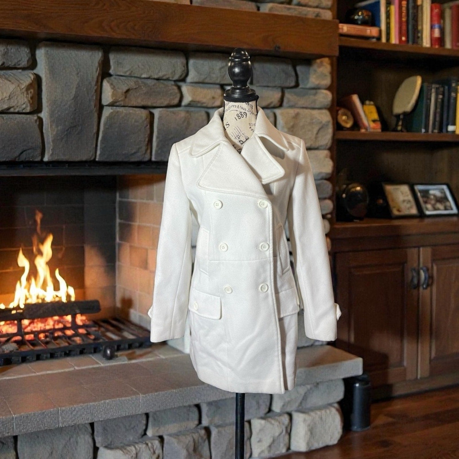 Risskio Ivory Wool-Blend Peacoat, Women's Small, Made in Italy.