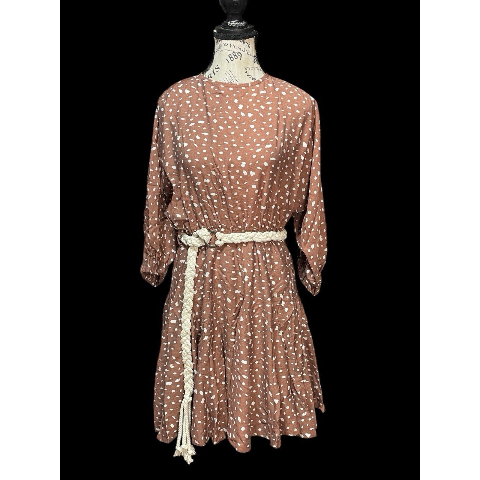 Andre Tan Boho Knit Dress – Nude-Taupe Brown, Medium, NWT + Rope Belt