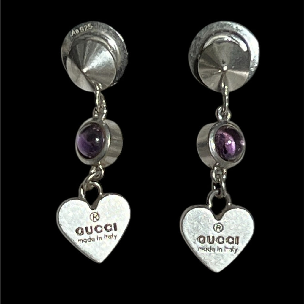 Gucci 925 Sterling Silver with Purple rhinestone Heart dangle Earrings