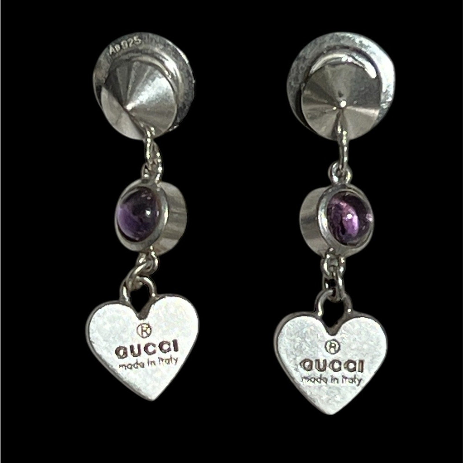 Gucci 925 Sterling Silver with Purple rhinestone Heart dangle Earrings
