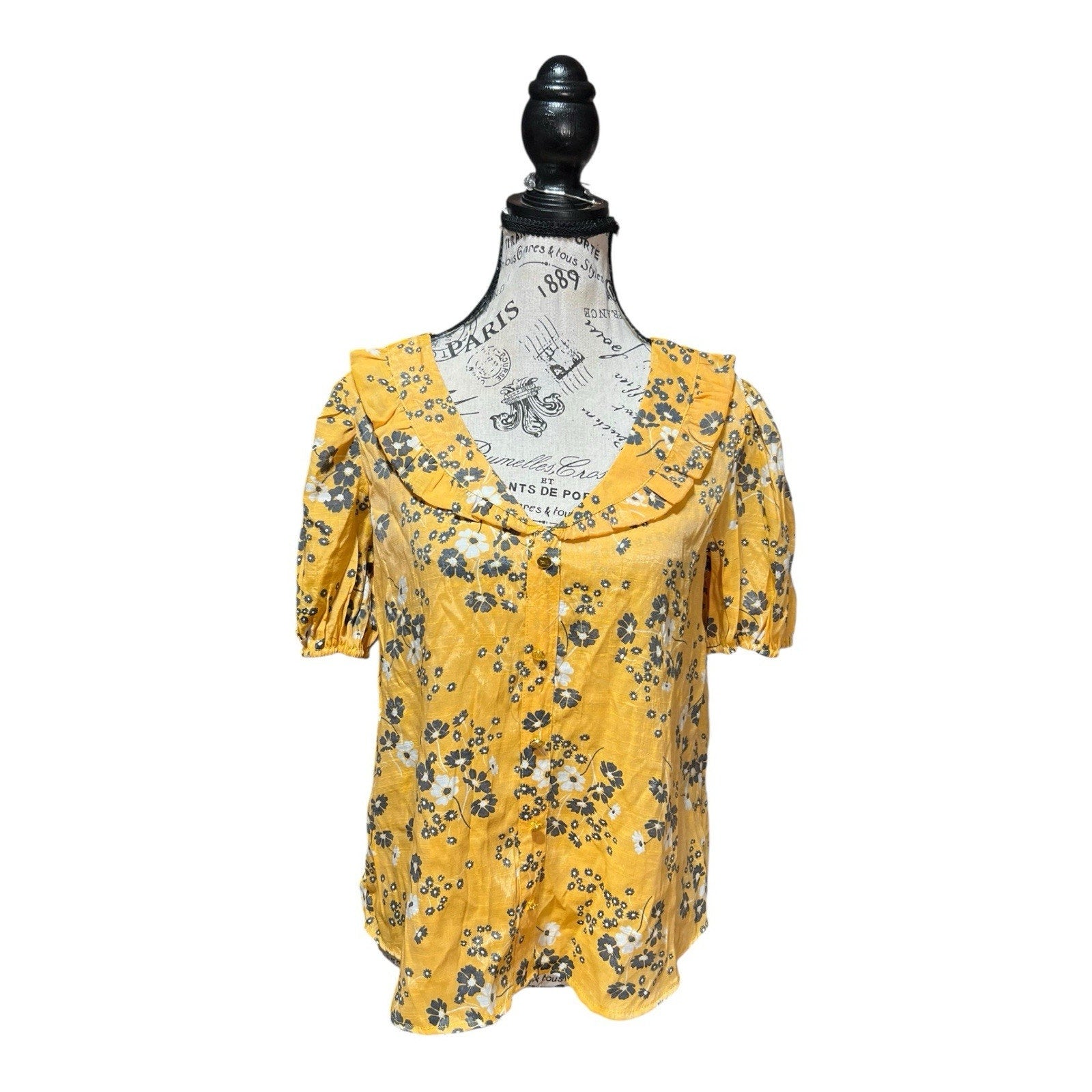 Adrienne Vittadini Yellow Floral Faux Button Blouse Women’s Shirt Size S NWT