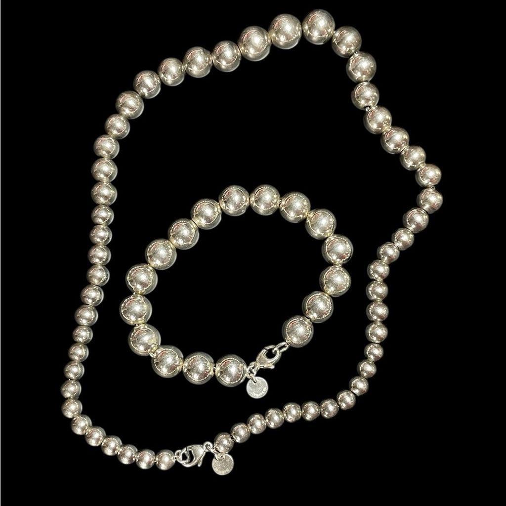 Tiffany and Co. Elegant 925 Silver Bead Necklace and Bracelet Set