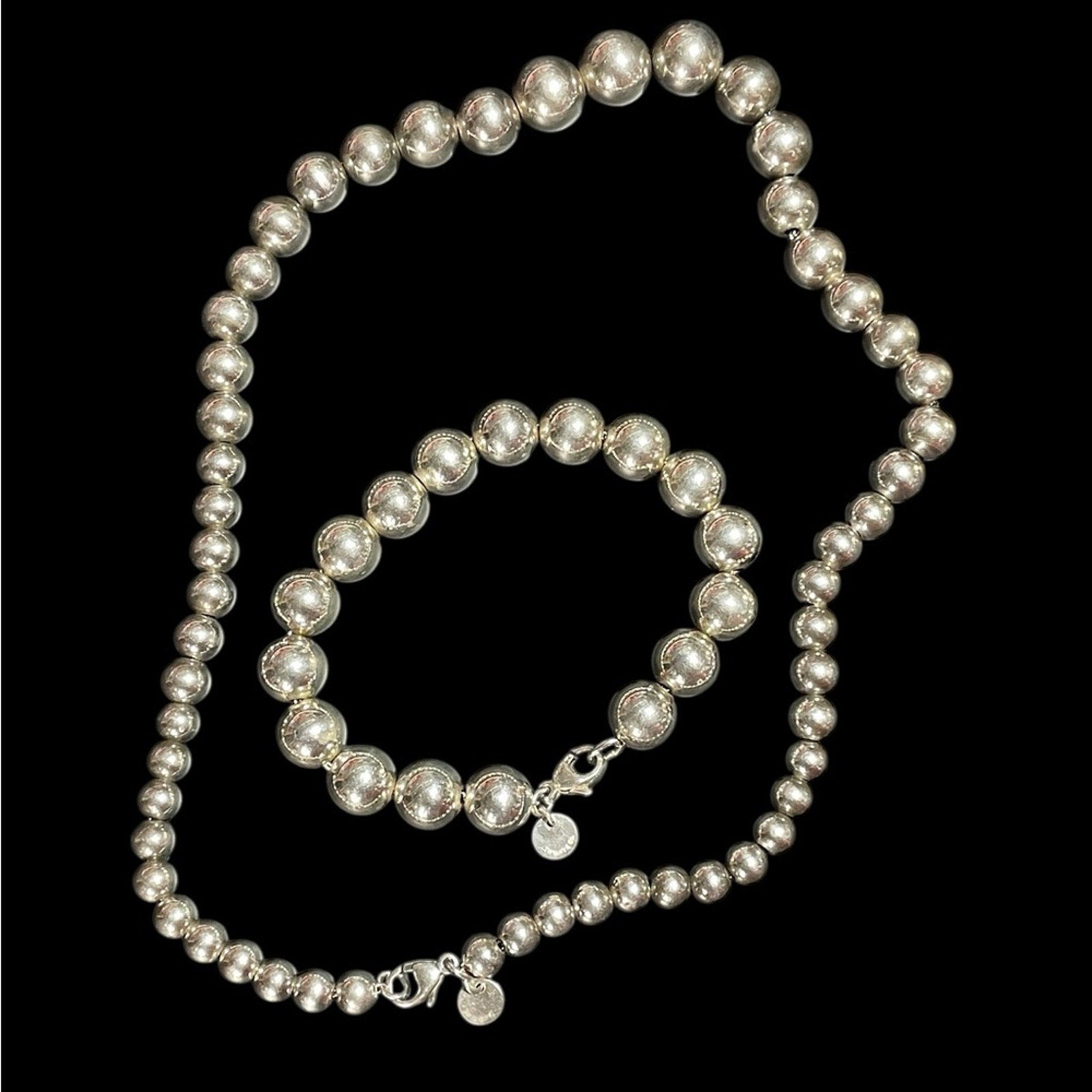 Tiffany and Co. Elegant 925 Silver Bead Necklace and Bracelet Set