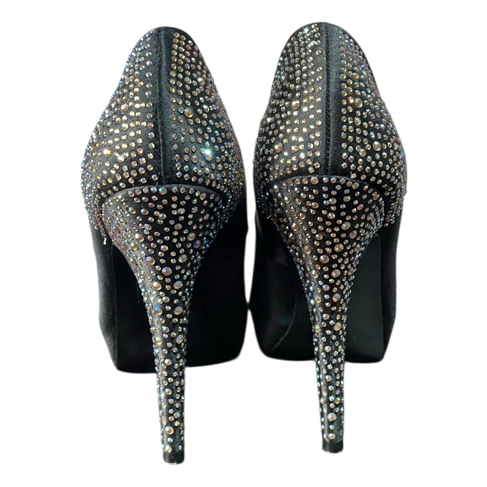 Steve Madden Playy-R Black Satin Rhinestone Heels Size 8
