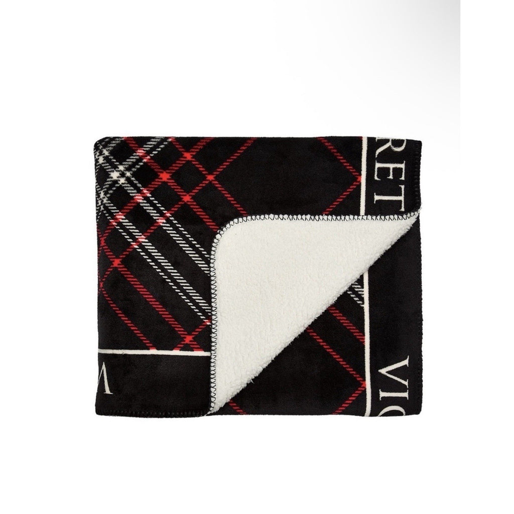 Victoria's Secret Cozy-Fleece Blanket Black Plaid W/ Sherpa Lining New