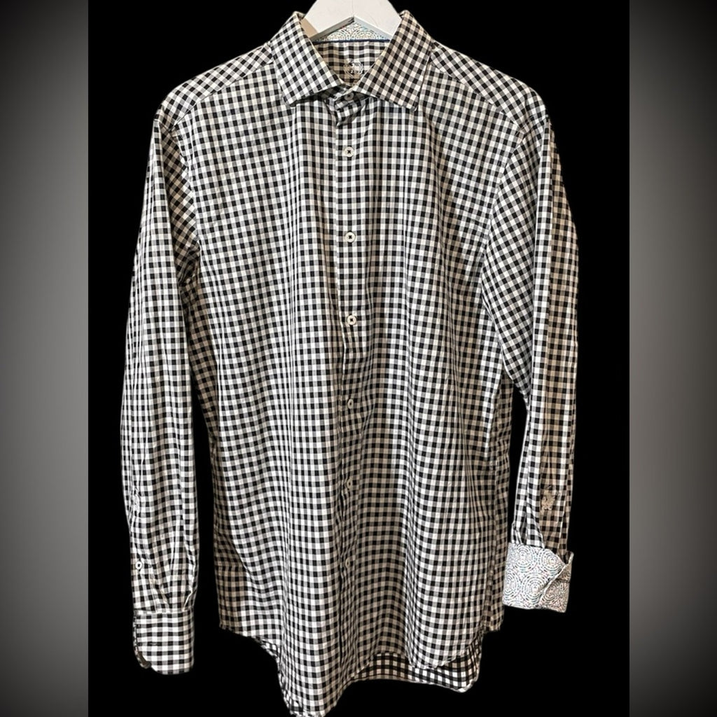 Bugatchi Uomo Black & White Checkered Button-Up – Men’s 16.5, Flip Collar,