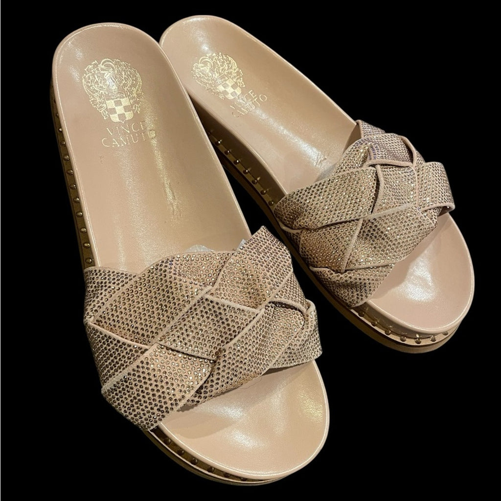 Vince Camuto Women's Tan with Gold Rhinestone Slide Sandals NWOT Size 8