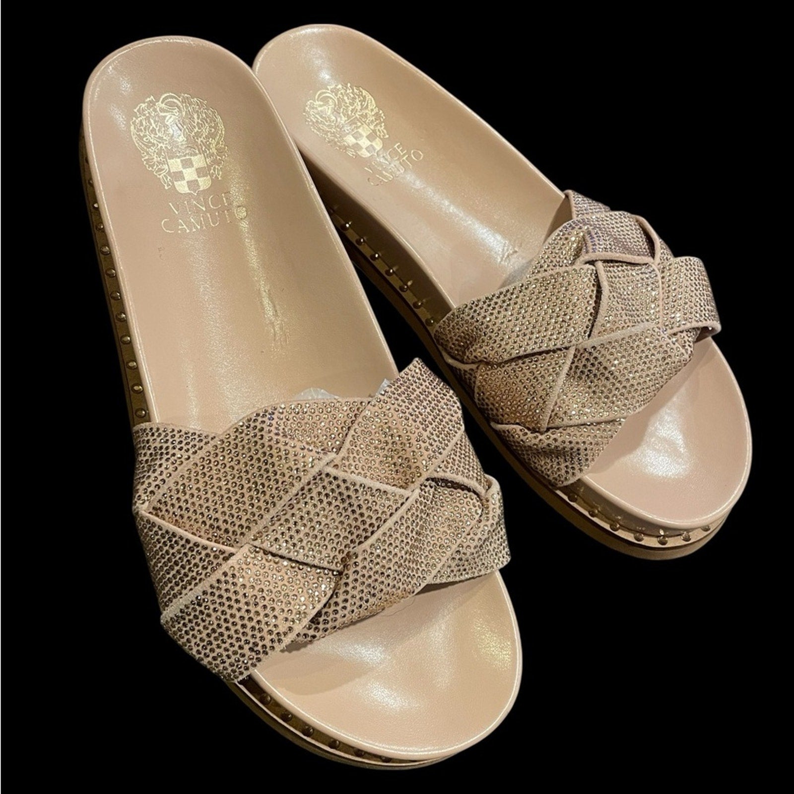 Vince Camuto Women's Tan with Gold Rhinestone Slide Sandals NWOT Size 8