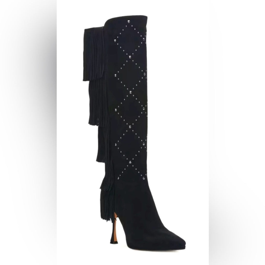 Vince Camuto Panaryaz  Black Suede Knee-High Boots with Fringe New 8.5 $285 MSRP