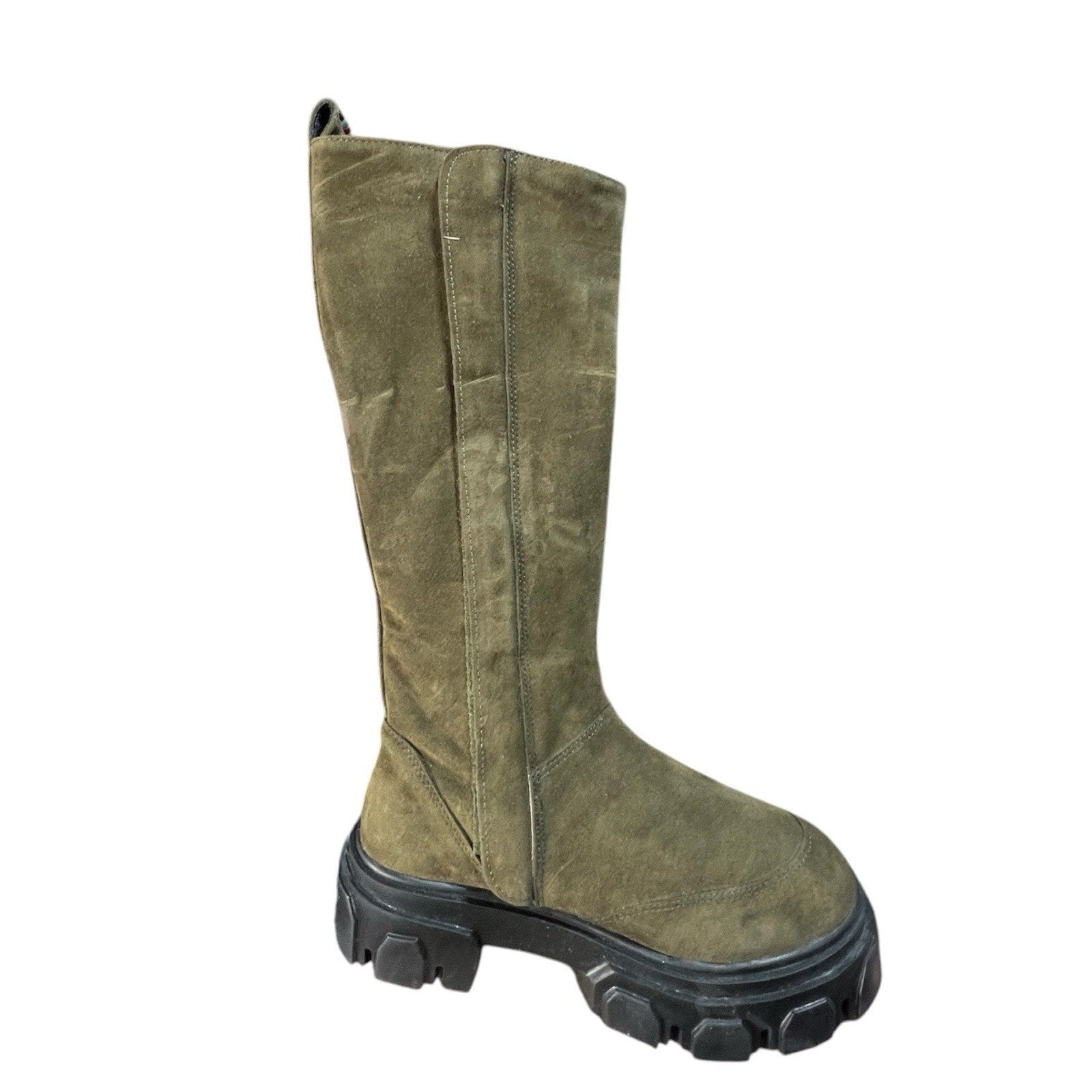 Farm Rio Army Green Suede Tall Shaft Boots featuring a chunky lug soleUS 7 EU 38