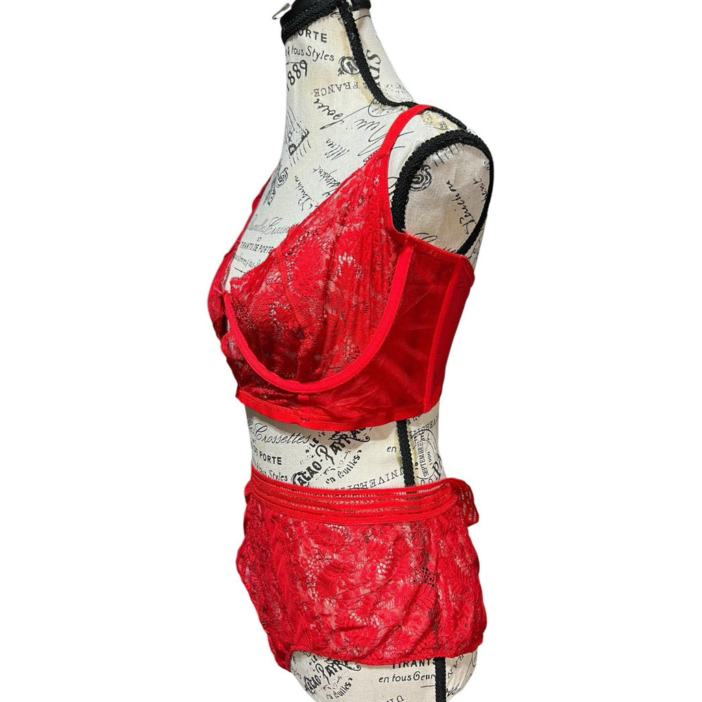 Women's Plus Size Stretch Lace Bustier and Brief Lingerie Set - Red Size 3X
