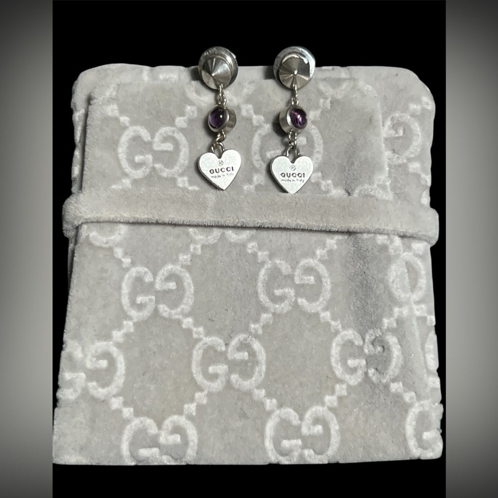 Gucci 925 Sterling Silver with Purple rhinestone Heart dangle Earrings