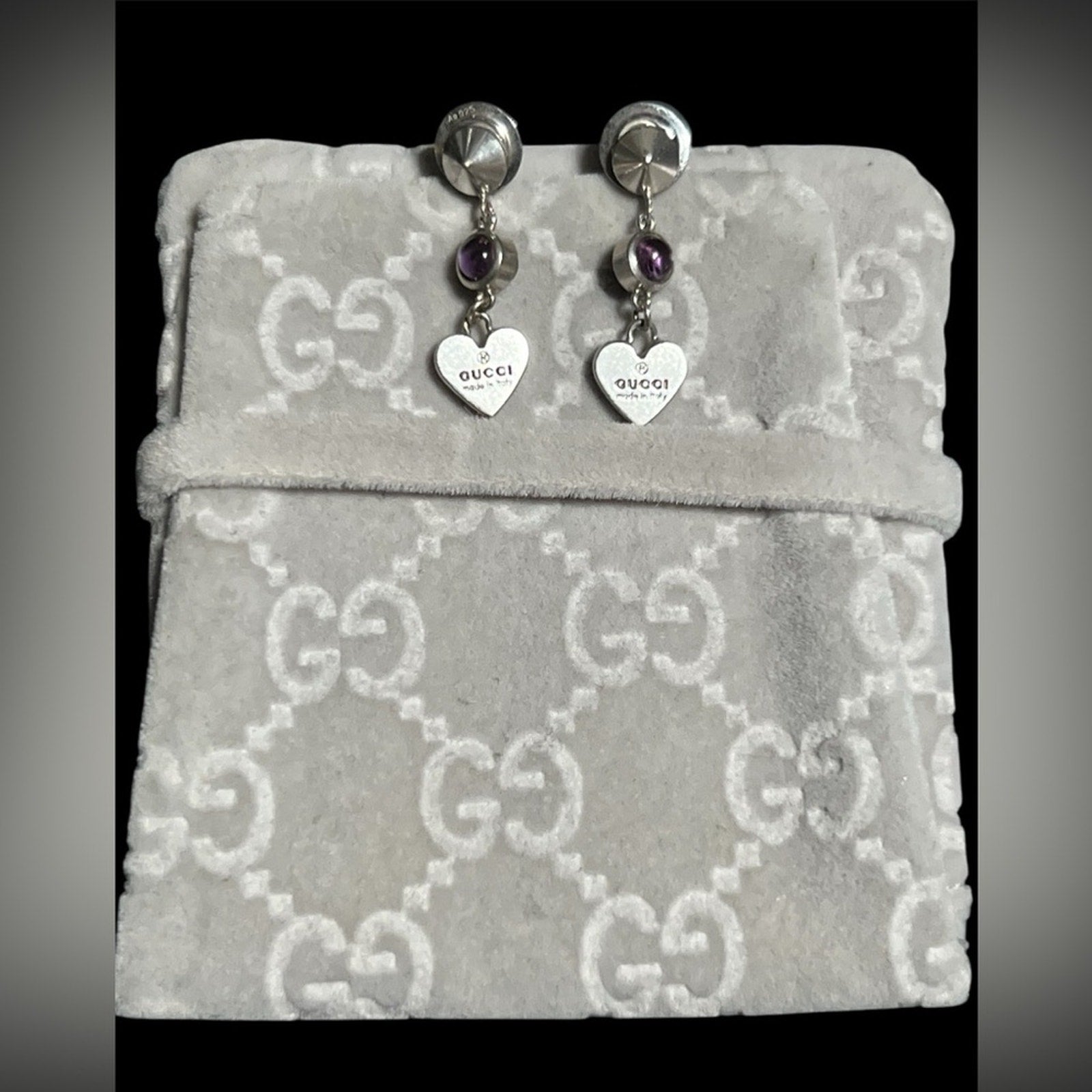 Gucci 925 Sterling Silver with Purple rhinestone Heart dangle Earrings
