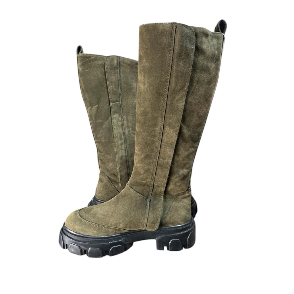 Farm Rio Army Green Suede Tall Shaft Boots featuring a chunky lug soleUS 7 EU 38