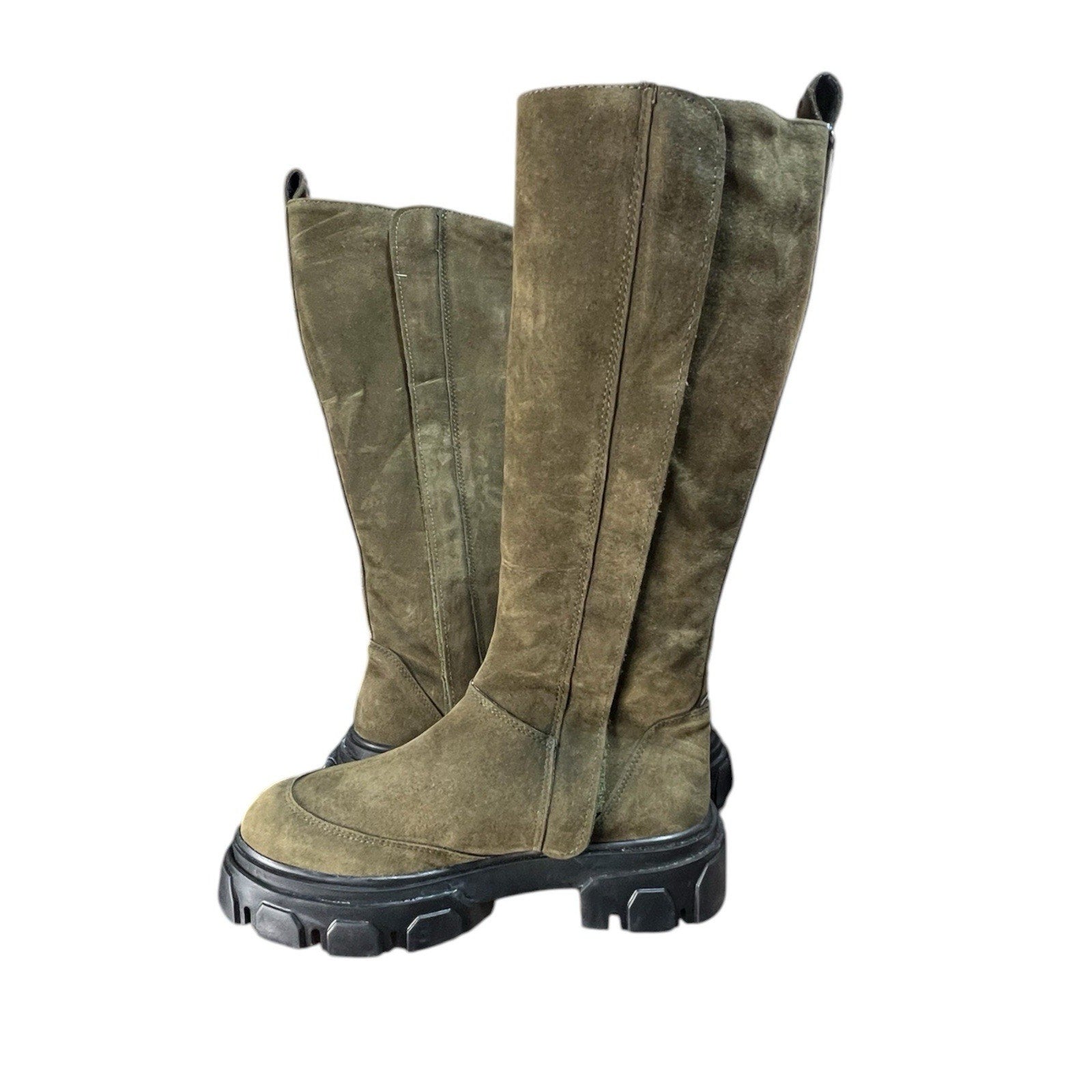 Farm Rio Army Green Suede Tall Shaft Boots featuring a chunky lug soleUS 7 EU 38