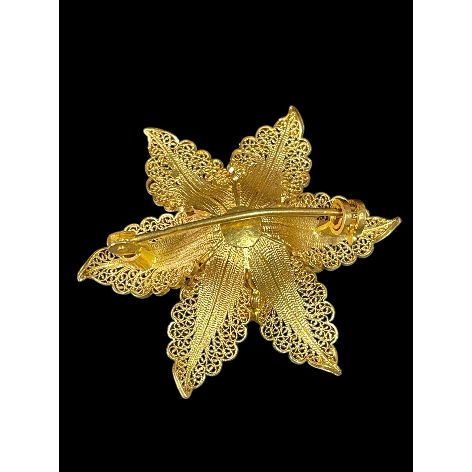 Vintage Portuguese 19.2k Gold Filigree Flower Brooch with Blue Enamel Accents