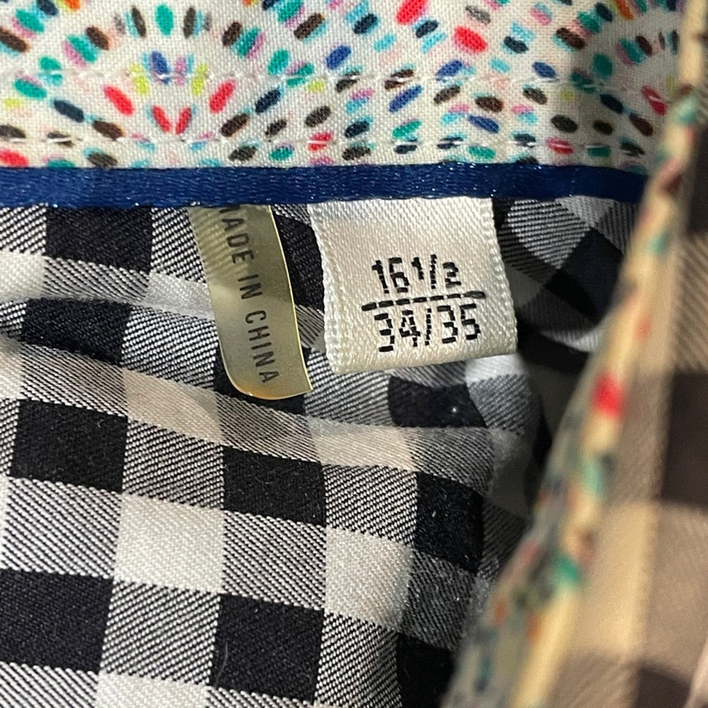 Bugatchi Uomo Black & White Checkered Button-Up – Men’s 16.5, Flip Collar,