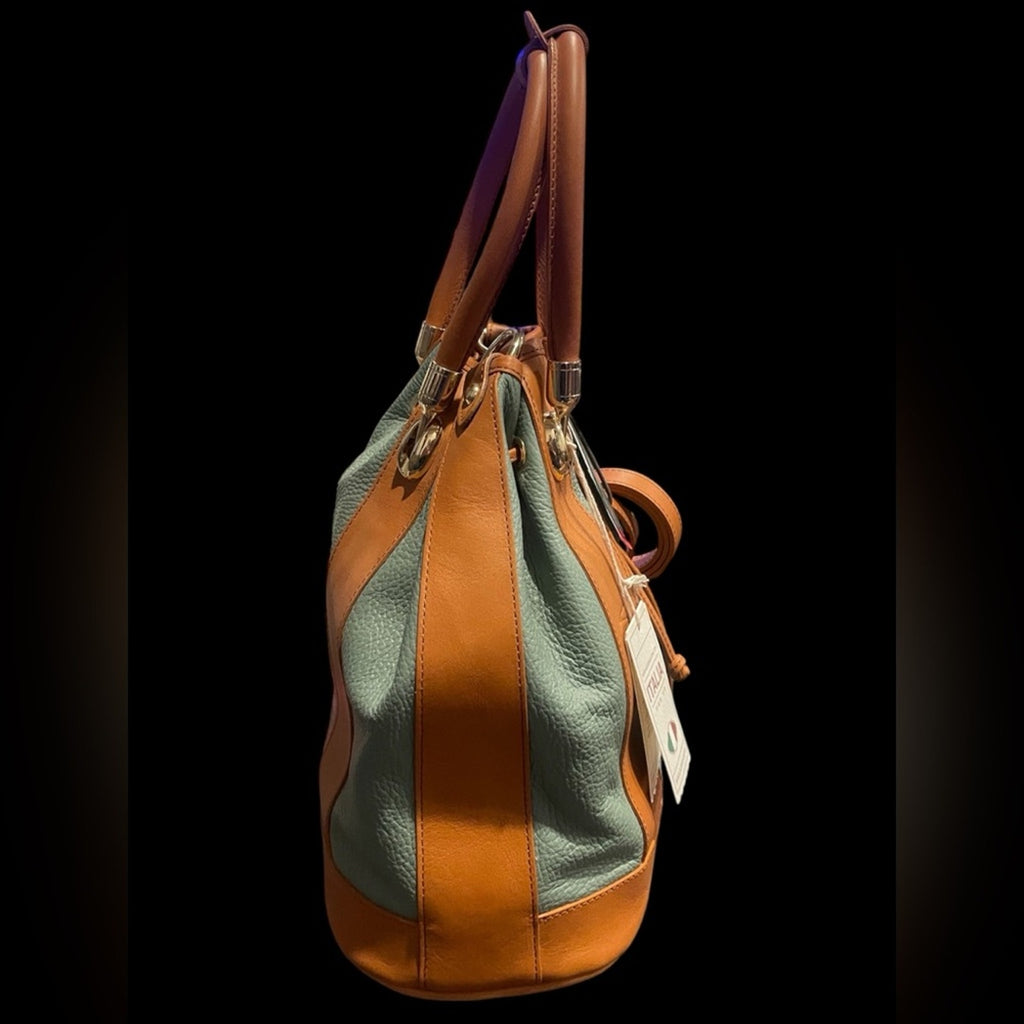 Valentina Minty Olive Green and Tan Leather Bucket Bag with Strap NWT