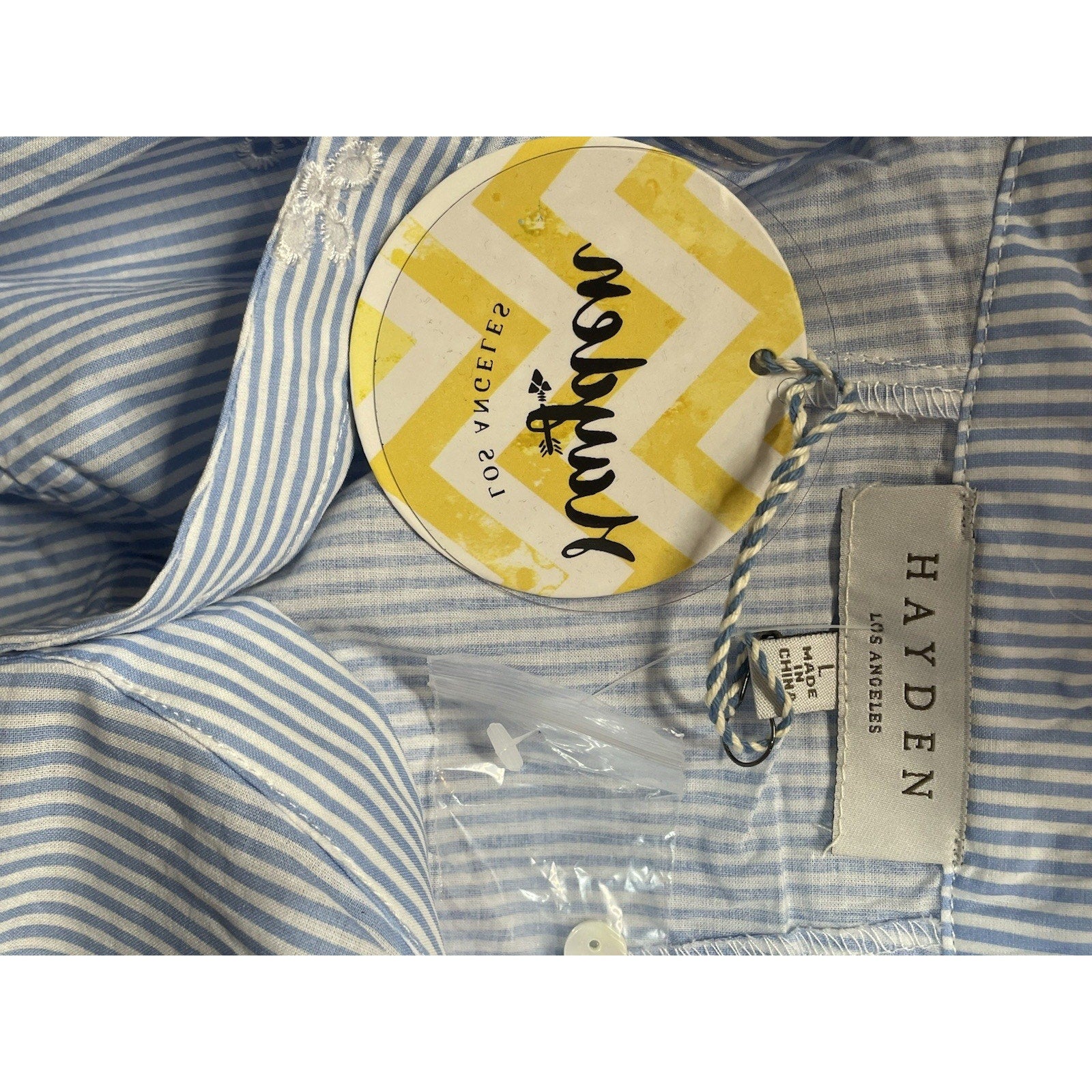 Hayden Los Angeles Size Large Cotton Blue & White Striped Floral Embroidery Top