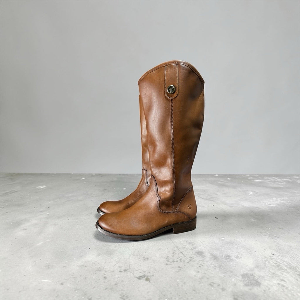 Frye Women's Marissa Medallion Leather Inside Zip Tall Boots in Cognac Womens 5
