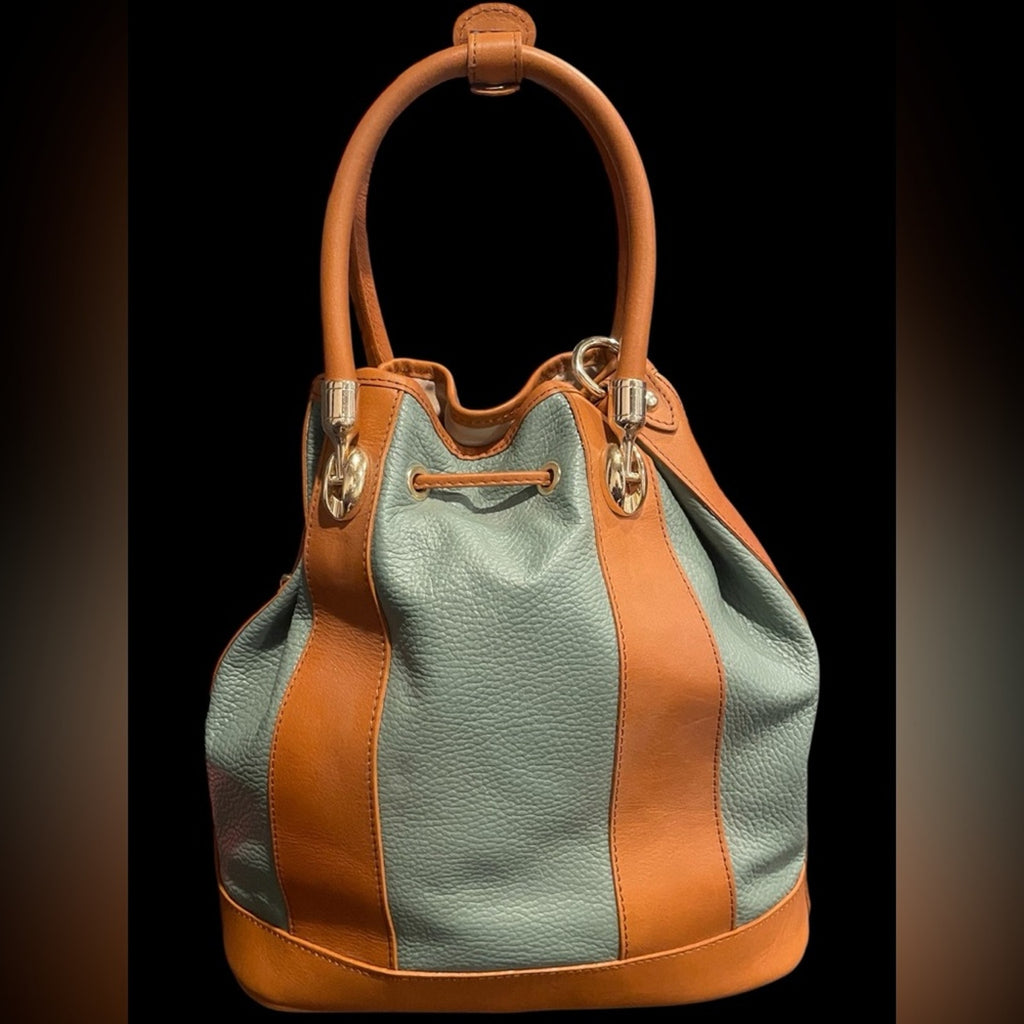 Valentina Minty Olive Green and Tan Leather Bucket Bag with Strap NWT