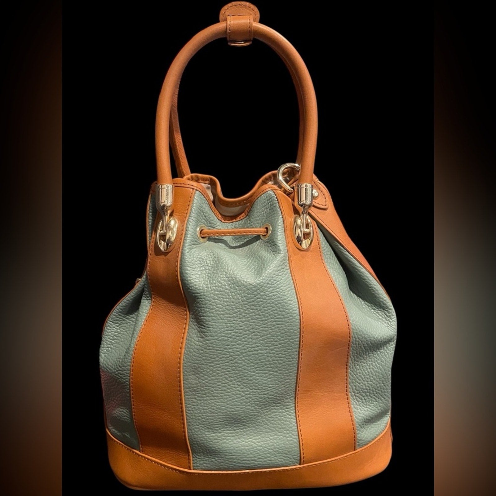 Valentina Minty Olive Green and Tan Leather Bucket Bag with Strap NWT