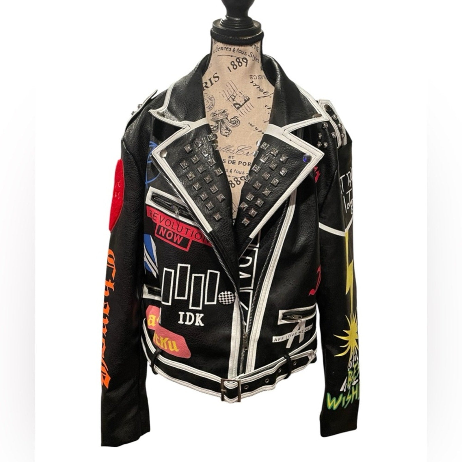 Azalea Wang Black Studded Graphic Moto Jacket